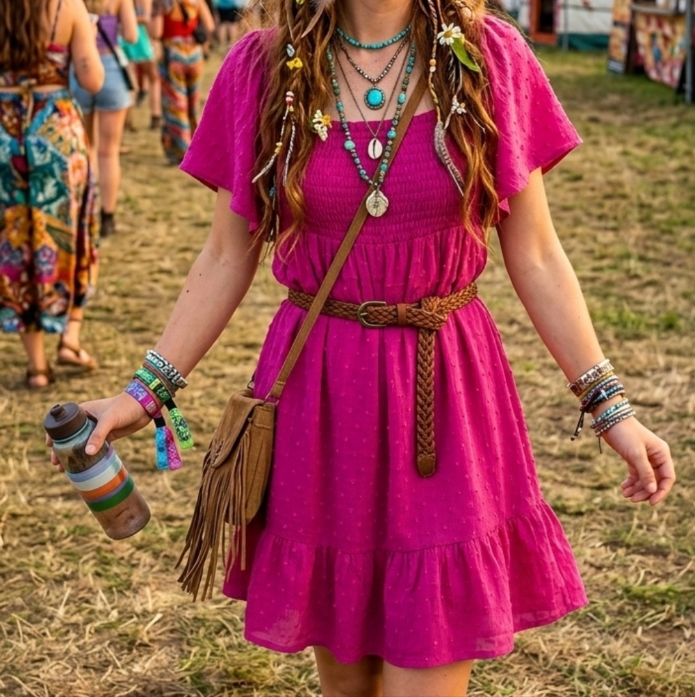 ​Boho 143 Story Fuchsia Pink Smocked Bodice Swiss Dot Ruffle Hem Dress Small